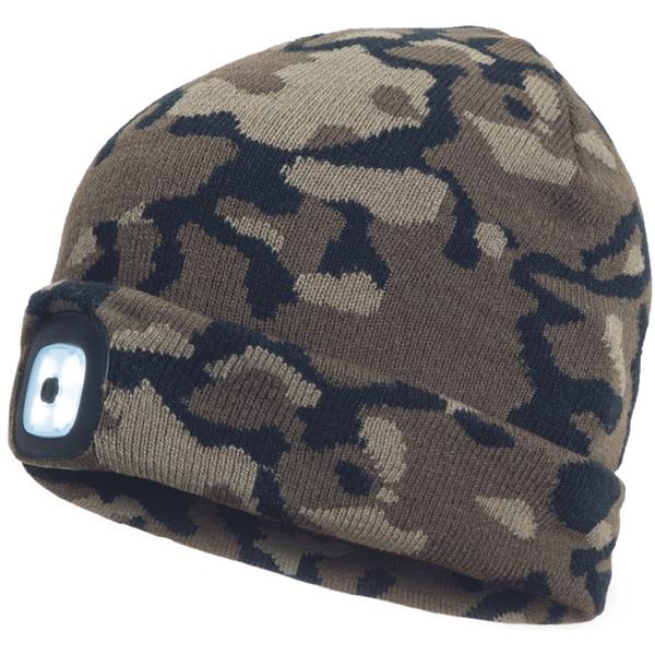 Čepice zimní s LED čelovkou, USB nabíjení, univerzální velikost - barva camouflage