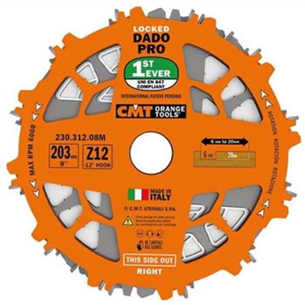 CMT Orange Tools C23031208 - Sada drážkovacích kotoučů na dřevo DADO PRO pr. 203 x 6,2-20 mm otvor pr. 15,87 mm, zubů Z12 HW