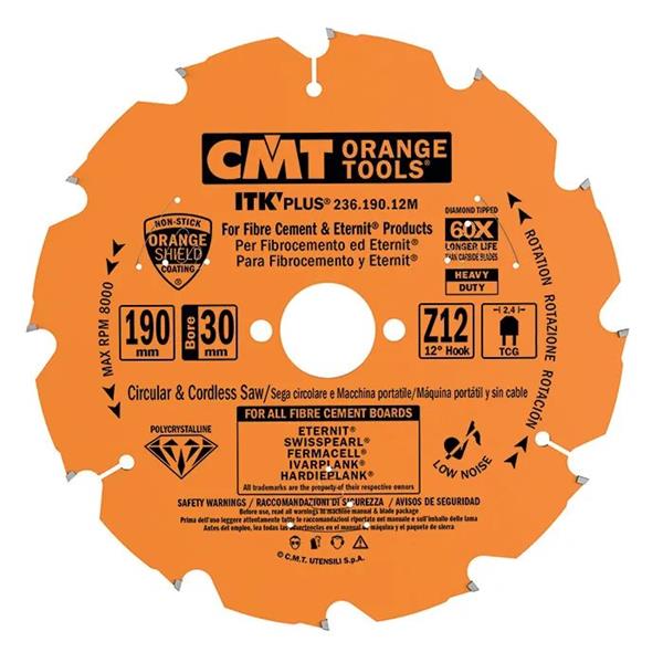 CMT Orange Tools C23619012M - ITK Diamantový pilový kotouč na cementotřískové desky pr. 190 x 2,2 mm otvor pr. 30 mm Z12